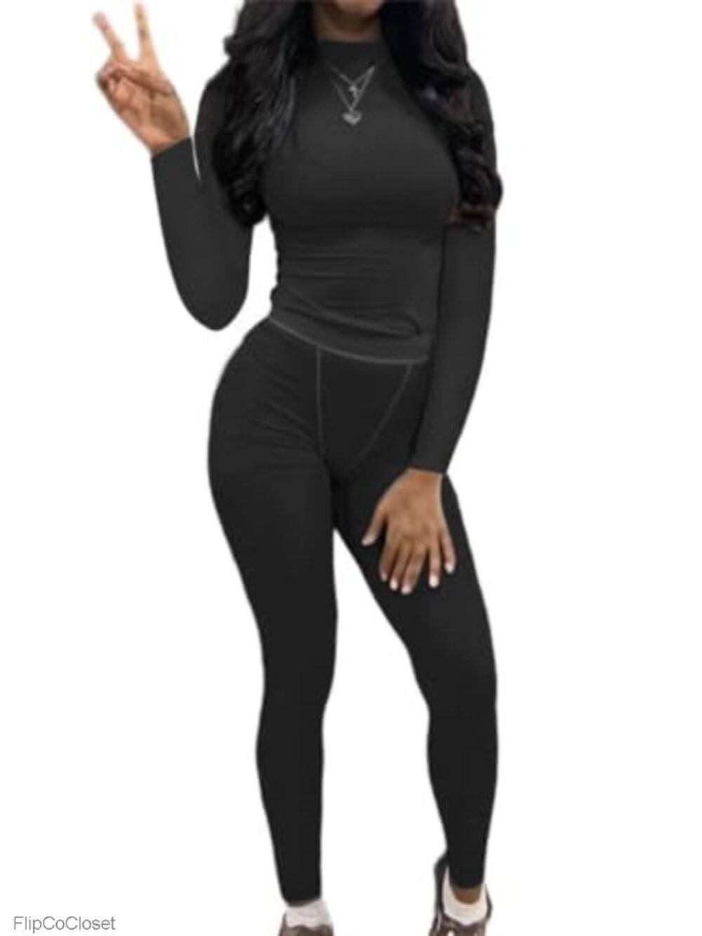 Women's 2 Piece Ribbed Long Sleeve Fitted Tee & High Waist Leggings Set
